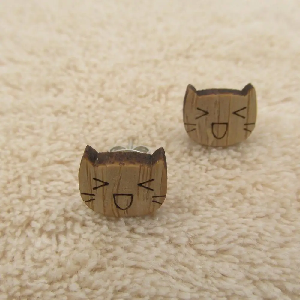 happy cat Новое поступление, серьги-гвоздики с гравировкой в виде животного ежика, деревянные серьги в виде кота, овцы, слона для женщин - Окраска металла: happy cat