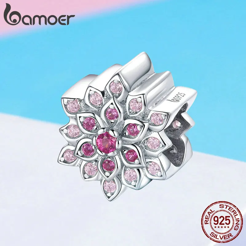 BAMOER настоящий 925 пробы Серебряный Светящийся красный цветок лотоса бусины талисманы подходят оригинальные браслеты и ожерелья цепи ювелирные изделия BSC038