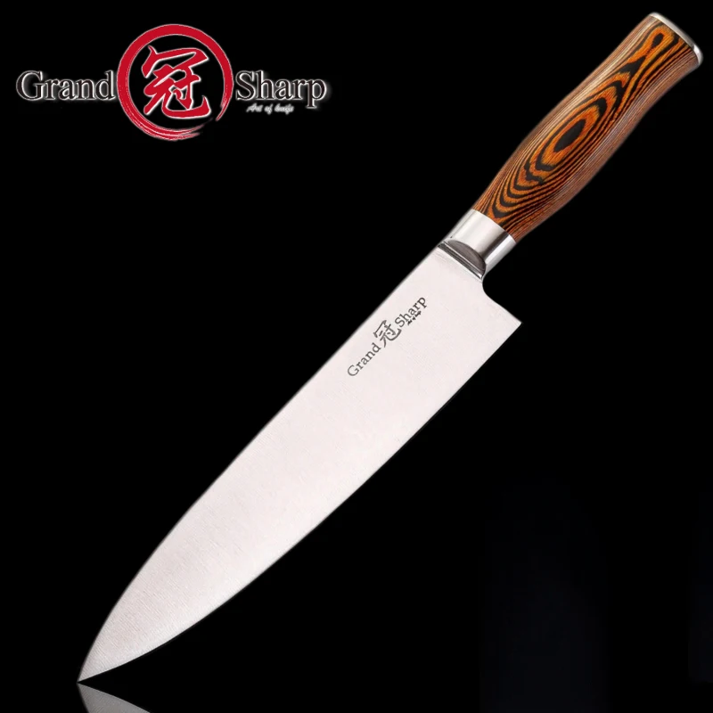 

8 Inch Chefs Knife Japanese Style Kitchen Cutlery Meat Cleaver Stainless Steel Pakka Wood Handle with Gift Box Grandsharp