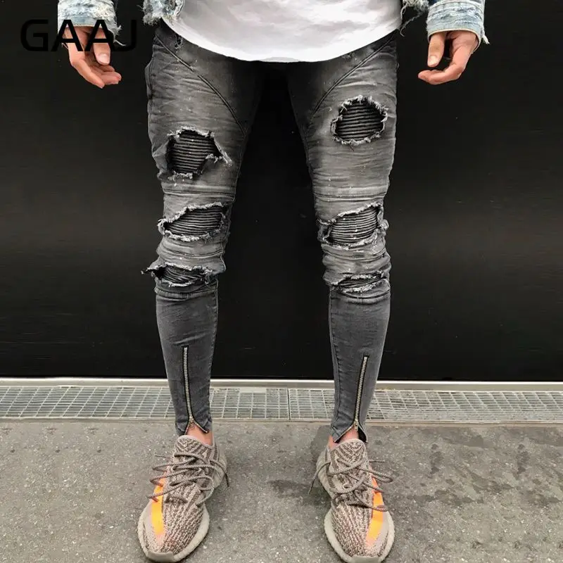 Высокая уличная дыра мужские байкерские джинсы эластичные тонкие хип-хоп