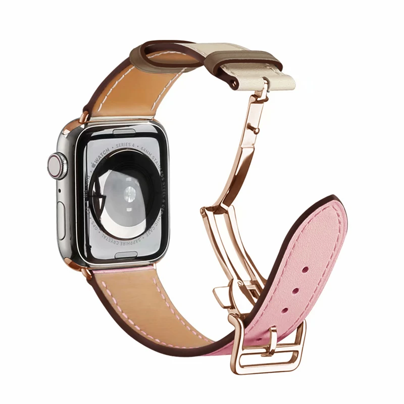 Herm Logo, розовое золото, натуральная кожа, один тур, браслет для часов Apple Watch Series 5 4 44/40 мм, замена для iWatch