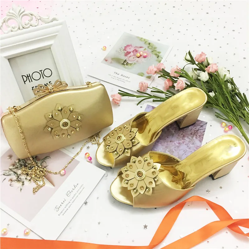 Gold-8cm Свадебный комплект из туфель и сумочки, г., оранжевый цвет, хорошее качество, африканский нигерийский летний комплект из туфель и сумочки - Цвет: Gold-8cm