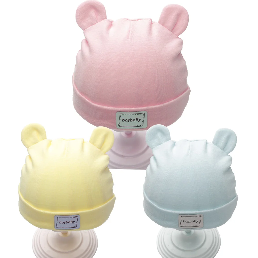 Однотонные шапки для новорожденных хлопковые девочек и мальчиков с бантом 2018