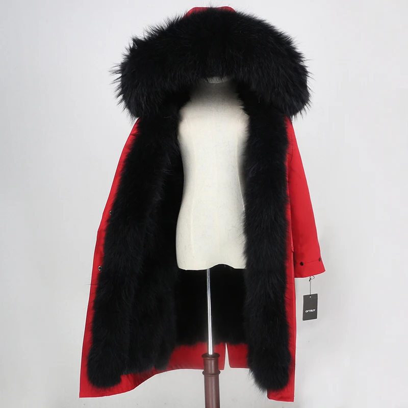 red black Верхняя одежда из водонепроницаемой ткани OFTBUY, длинная парка, зимняя куртка, женская шуба из натурального Лисьего меха, воротник из натурального меха енота, капюшон, уличная одежда - Цвет: red black