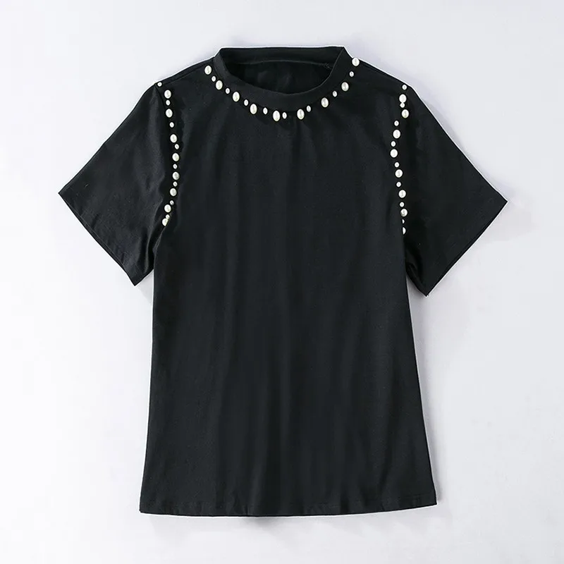 TWOTWINSTYLE Pearl Beading T Shirts For Women Short Sleeve Big Size Tops Female Shirt 2020 Summer Fashion Casual Clothing New | Женская