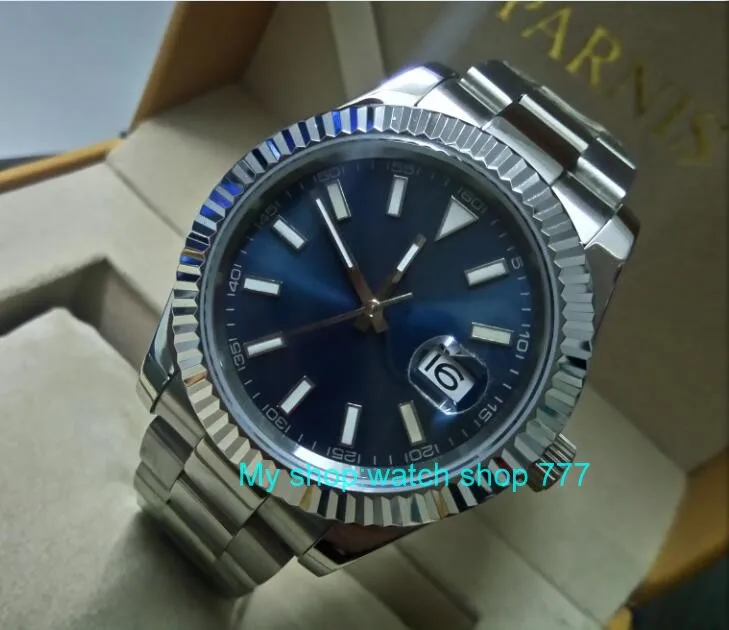 

41MM PARNIS Blue dial Automatic Self-Wind movement Sapphire Crystal men's watch Auto Date Mechanical Wristwatches 32KY