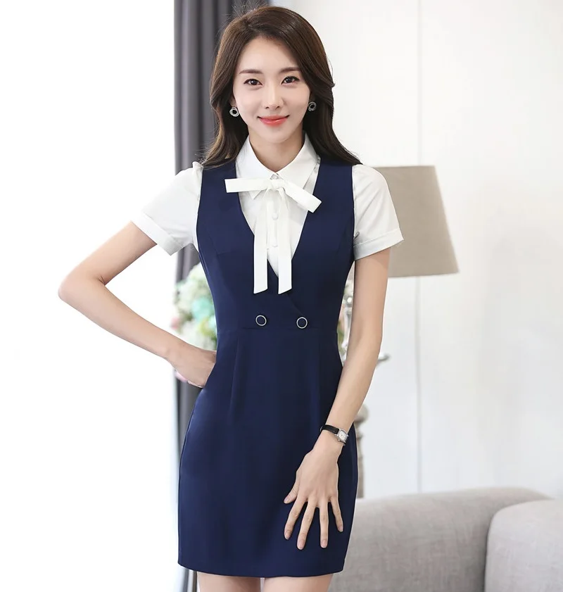 Женский деловой костюм с блузкой и платьем Модный облегающий офисный в офисном