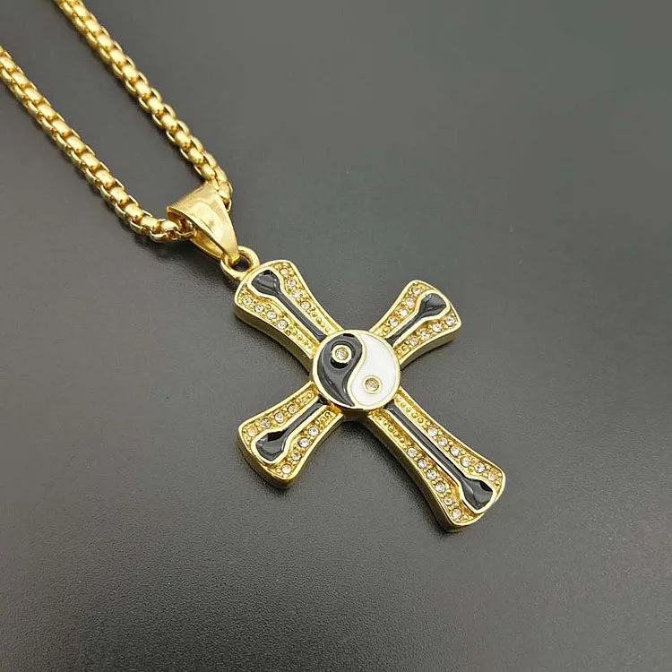 Нержавеющая сталь крест подвески ожерелья Золото Цвет Bling льдом в стиле хип-хоп