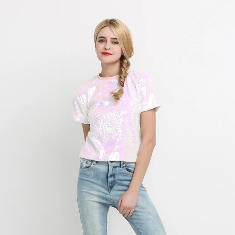 Футболка HDY Haoduoyi женская летняя с коротким рукавом расшитая блестками|fashion tees|t-shirt