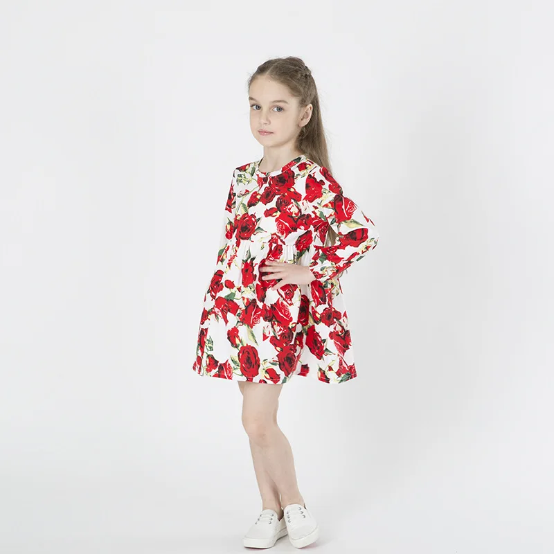 Red Flower Princess Dress Girls Long Sleeve Floral Baby Girl Wedding Party Dresses Print Outfits Toddler Clothing For 3-8T | Детская