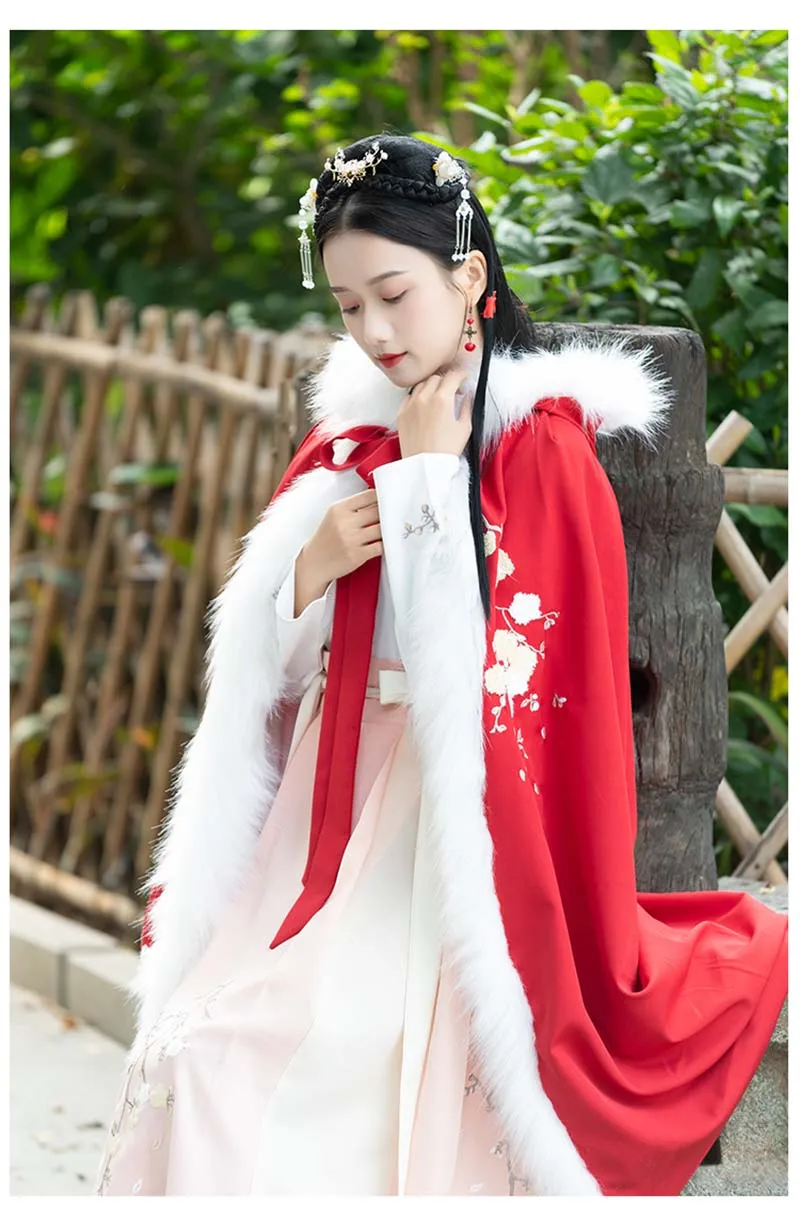 Женский старинный китайский меховой воротник Hanfu красная бархатная накидка