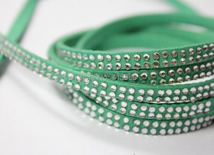Free Ship  5 x1.5mm 100 Meters emerald Flat Faux Suede Leather Lace Cord  Pave Siver Rivet Clear Stone