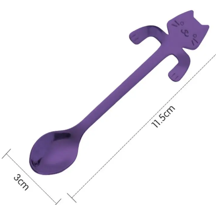 purple Милая Мини 304 кофейная ложка из нержавеющей стали Kitty Cat, ложка для перемешивания, чайная ложка, чайная ложка, десертная ложка, длинная ручка, посуда, золото - Цвет: purple