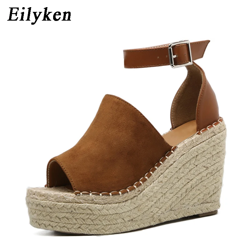 Eilyken/летние коричневые женские босоножки из флока на платформе; Эспадрильи на танкетке с открытым носком; удобные женские босоножки с ремешком и пряжкой