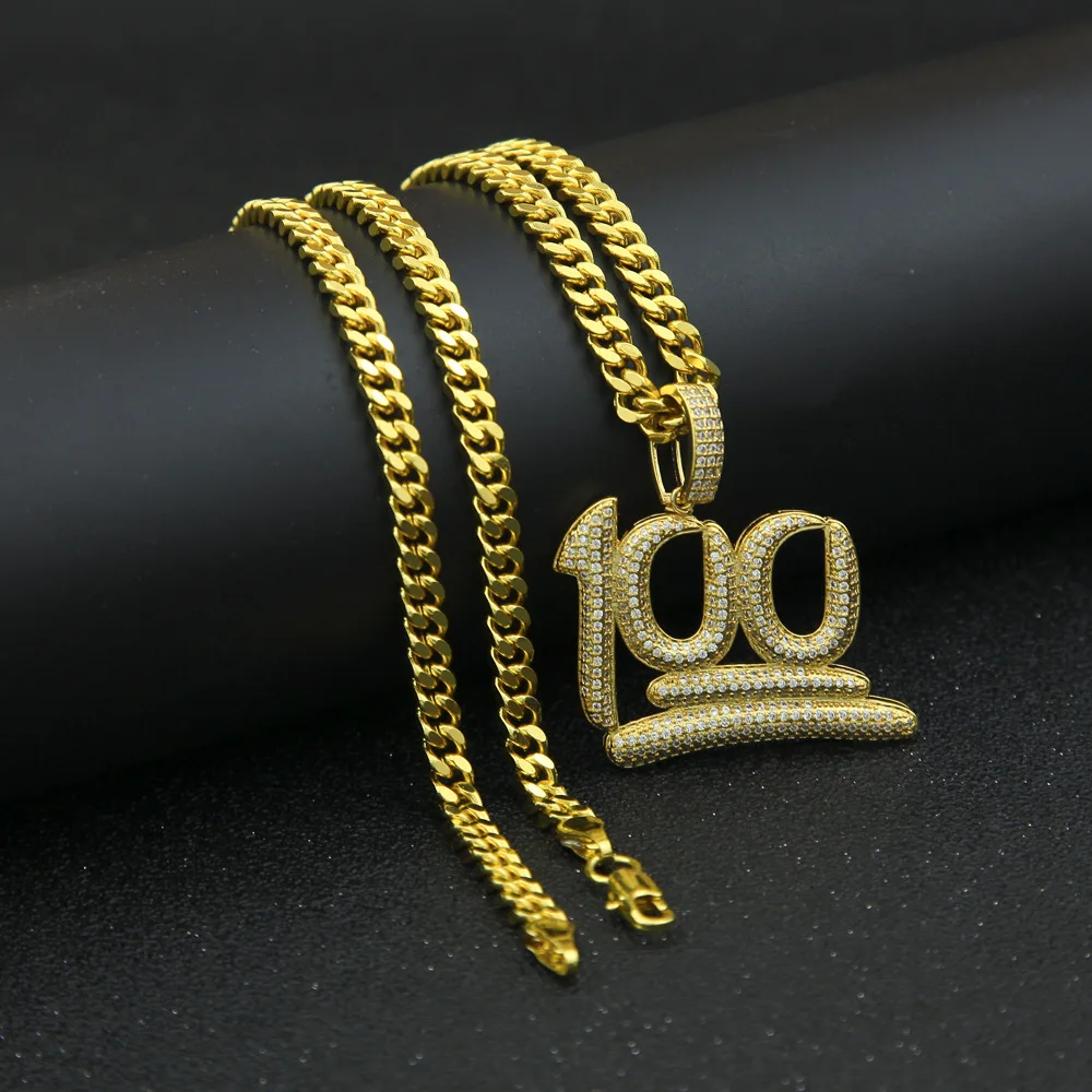 

Hip Hop AAA CZ Zircon Paved Bling Iced Out 100 Points Pendants Necklace for Men Rapper Jewelry with 30inch Gold Cuban Chain