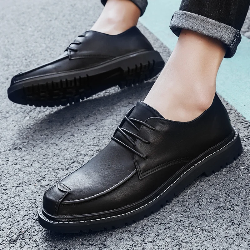 Мужские кожаные туфли на плоской подошве темно-синие повседневные лоферы из кожи