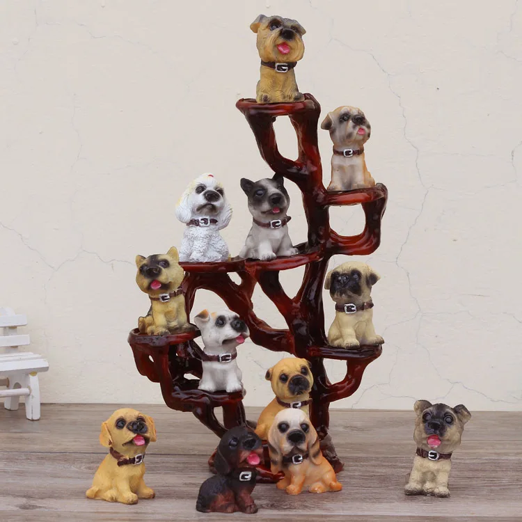 

12pcs Mini Cute Dogs with tree stand Home Crafts Decoration Bookcase Decorative Christmas Birthday Gift for Children