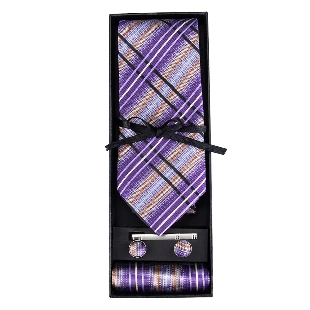 

GB-457 Barry.Wang Mens Necktie Set With Gift Box Jacquard Woven Silk Purple Hanky Cufflinks Ties For Men Business Wedding Party