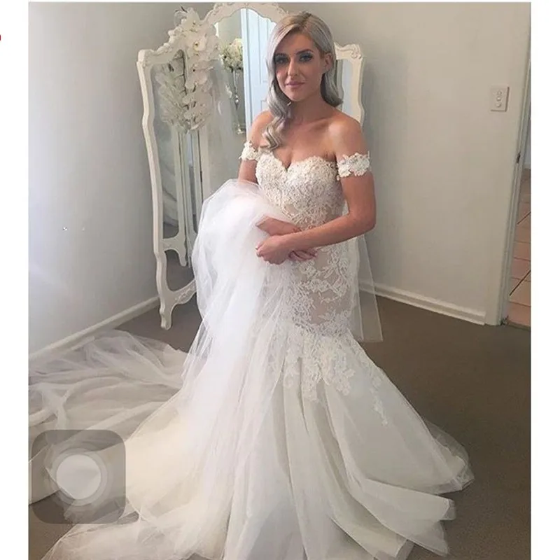 

New Gorgeous Mmermaid Wedding Dresses Sexy Off-the-Shoulder Lace Tulle Bridal Wedding Gowns Button Back