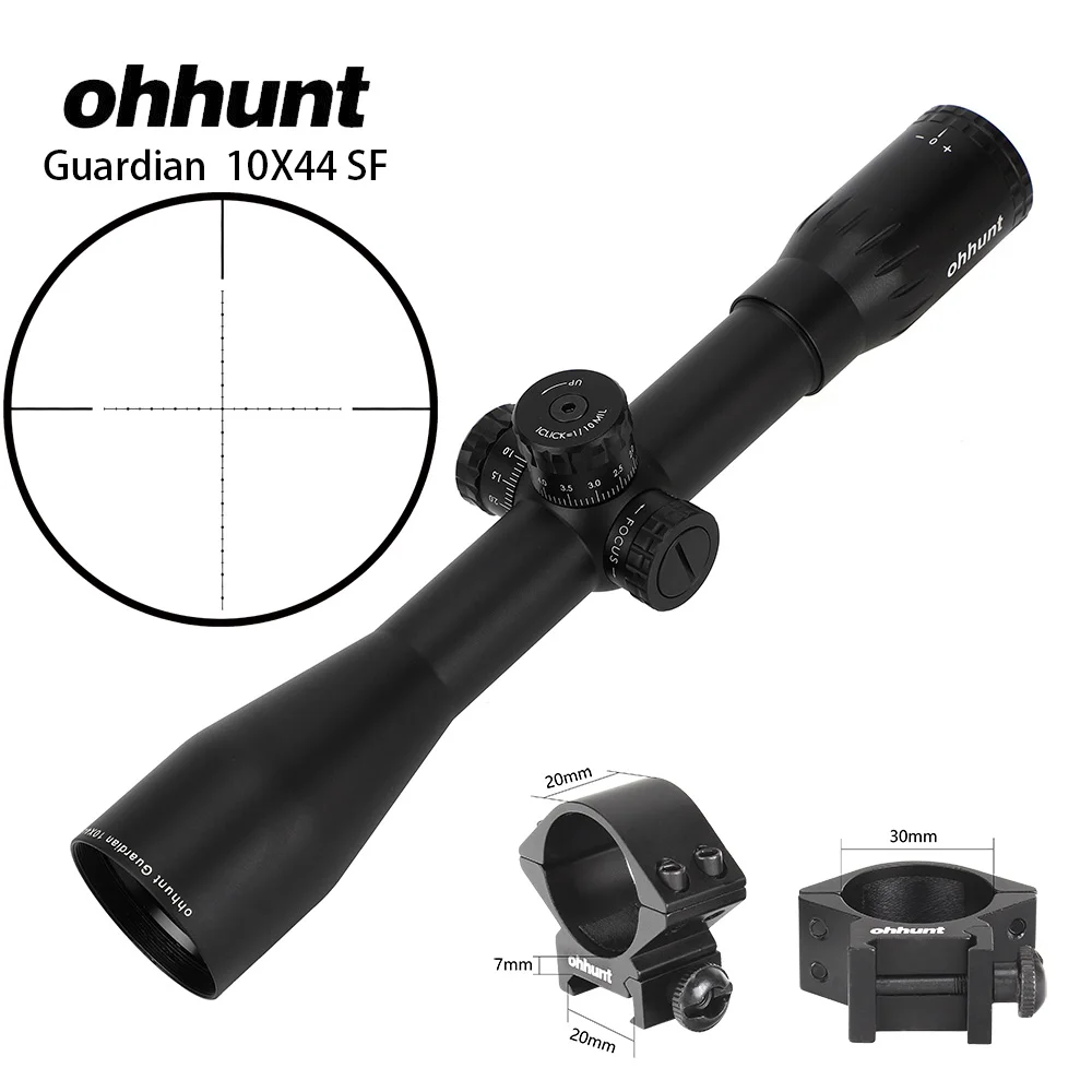 Ohhunt Guardian 10X44 SF охотничьи оптические прицелы сторона параллакса тактический прицел башенки Блокировка сброса фиксированное увеличение 10X прицел - Цвет: with Picatinny Rings