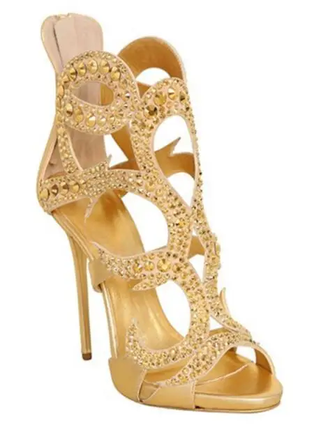 

Босоножки женские на высоком каблуке, роскошные сандалии на платформе, очень тонкий каблук, с заклепками, цвет золотистый/шампань, лето 2018