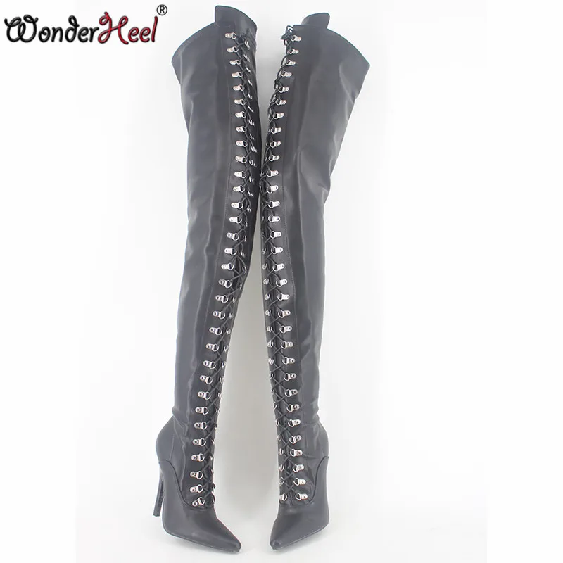 Wonderheel/Экстремально высокий каблук 12 см; на шпильке; высокие сапоги до колена ботинки с узким голенищем; матовая облегающие сапоги на шпильке; Фетиш Высокий каблук на шнуровке сапоги до промежности