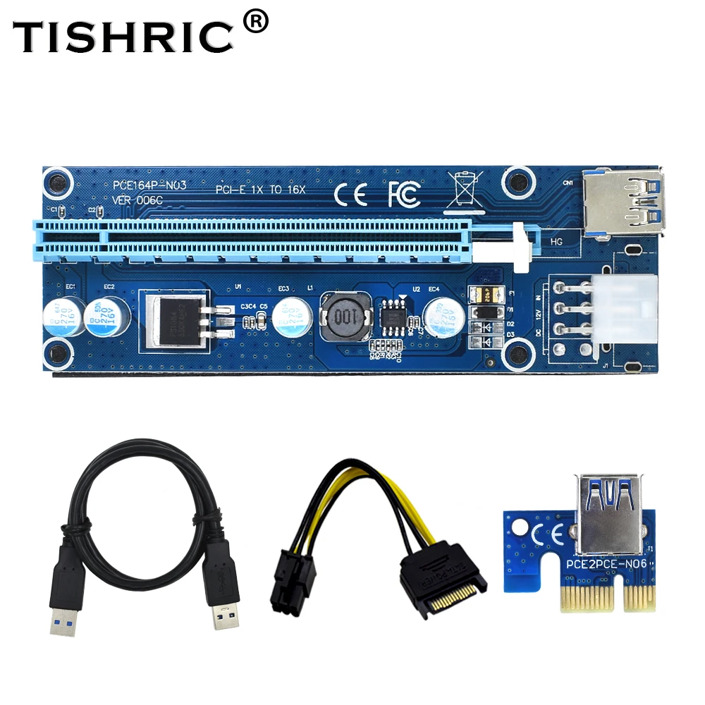 Райзер карта PCI E TISHRIC 100 шт. с 1x на 16x Express кабель USB 3 0 SATA 6Pin IDE для майнинга