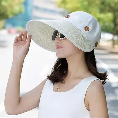 Milk white BINGYUANHAOXUAN, женские шляпы с большими широкими полями, летняя пляжная шляпа от солнца, шляпа с пуговицами, соломенная шляпа, летние шляпы для женщин, козырек с УФ-защитой - Цвет: Milk white
