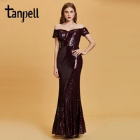 tanpell off the shoulder evening dress burgundy sequins floor length gown women short sleeves formal long mermaid evening dress
