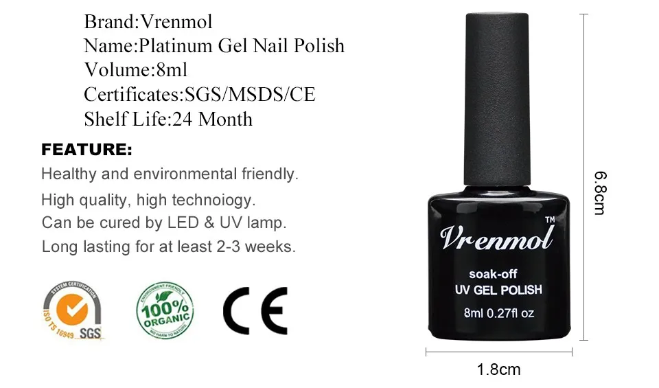 Vrenmol 1 шт. очаровательный Платиновый гель для ногтей лак Полупостоянный гель для ногтей с блестками УФ светодиодный отмачиваемый гель лак