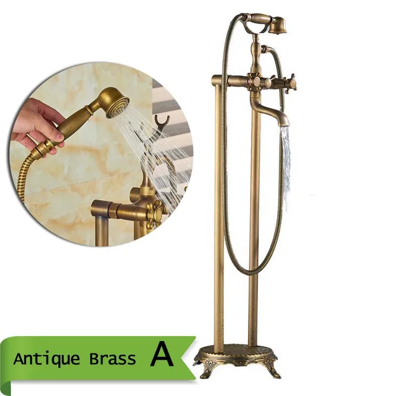 Античный латунный напольный кран для раковины с двойной ручкой для ванной, душевой набор, отдельно стоящий смеситель для ванной с ручным душа - Цвет: Antique Brass A