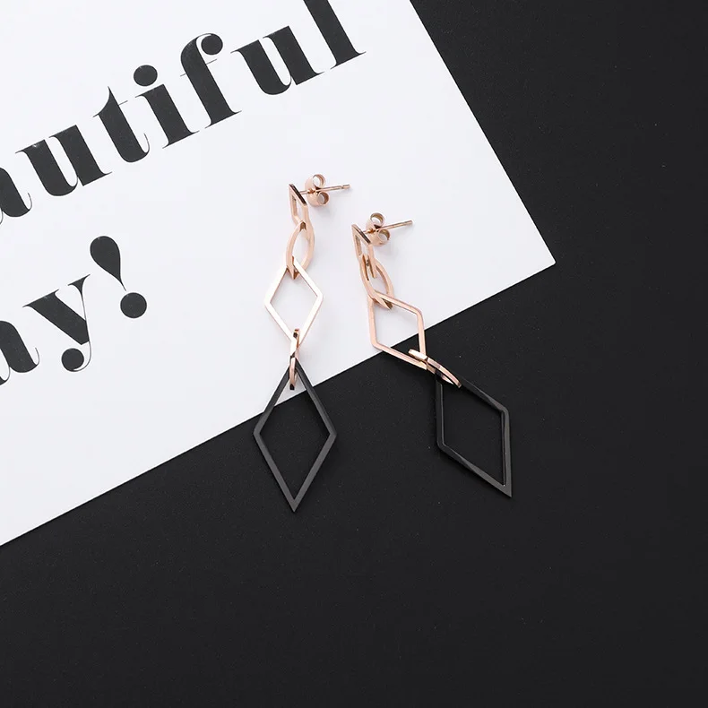 New Listing Geometric Titanium Steel long Tassel Girl Earrings gold Stainless Steel Triangle leaf Girl Black Jewelry Earrings 1