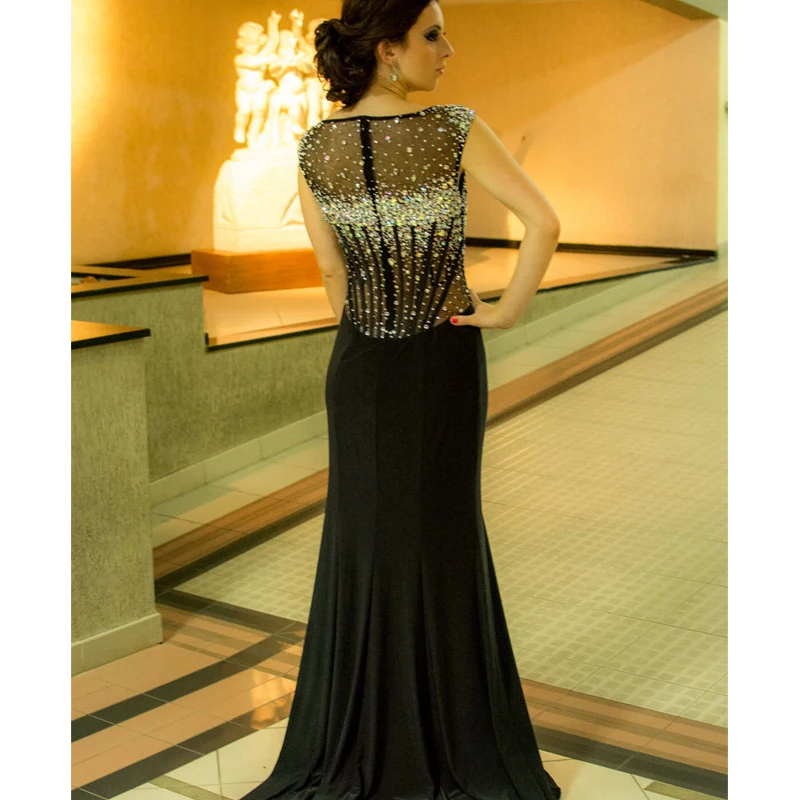 Сексуальные Спандекс Черное Вечернее Платье с Боковыми Разрезами 2017 Кристаллы