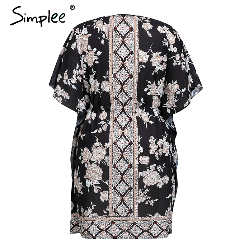 Simplee Boho платье с цветочным принтом больших размеров женское летнее короткое платье с длинным рукавом и v-образным вырезом кимоно праздничное повседневное свободное пляжное платье vestidos
