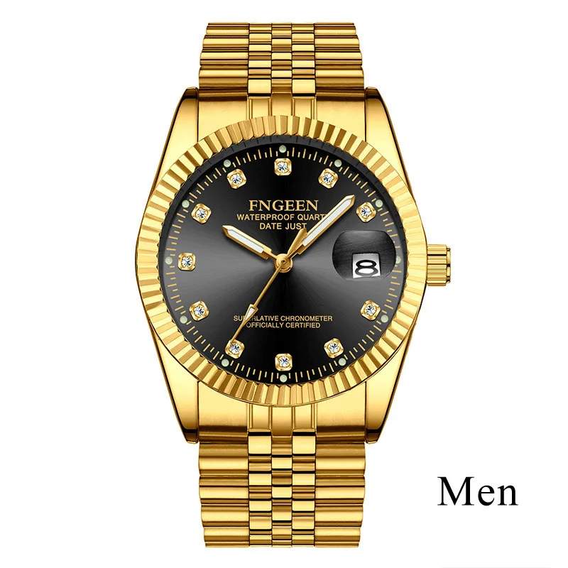 Men Steel Gold Black Золотые часы для мужчин Топ бренд класса люкс с бриллиантами кварцевые часы для пары женские со стальным ремешком светящиеся часы Reloj Hombre Love - Цвет: Men Steel Gold Black