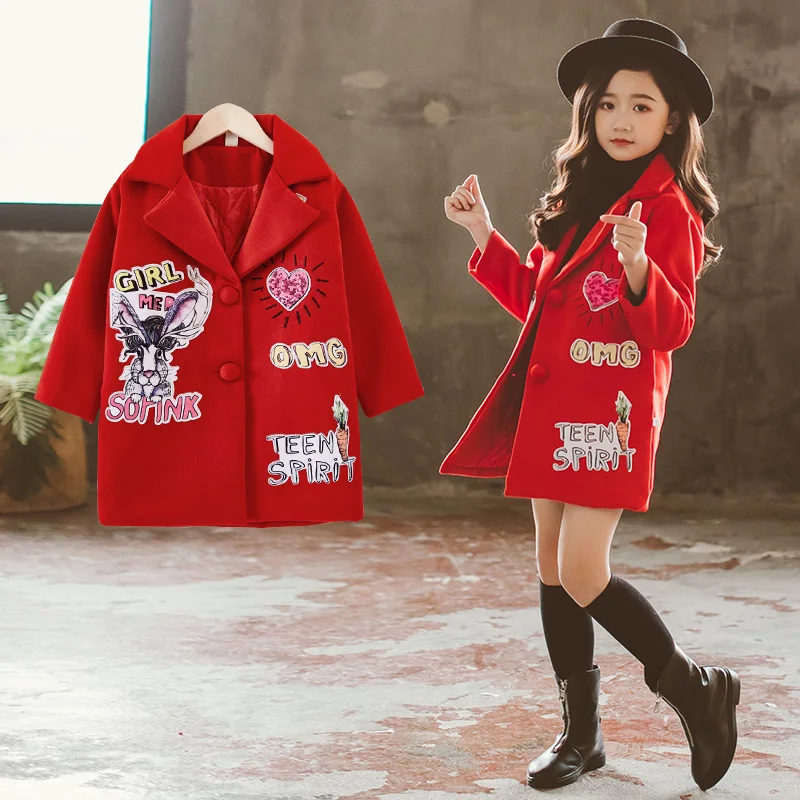 Red Wool coat Puckcovi/шерстяное пальто для девочек; Ropa nina invierno; зимнее пальто с искусственным мехом; модное Короткое шерстяное пальто; длинное пальто из полиэстера - Цвет: Red Wool coat
