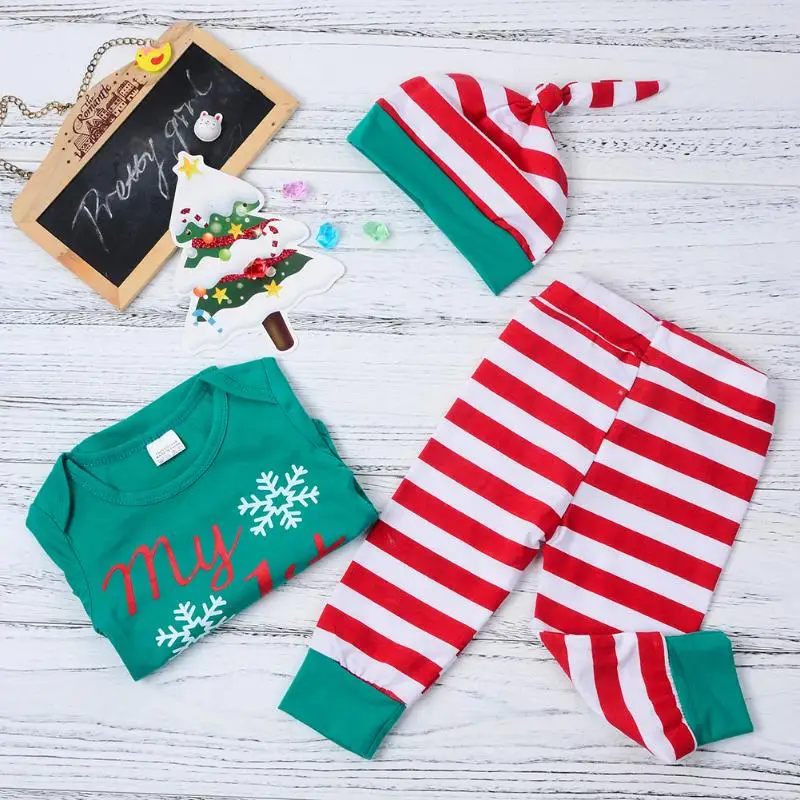 Комплект зимней детской одежды из 3 предметов с надписью «My First Christmas» для мальчиков и девочек, костюм Снежинки, комбинезон, штаны в полоску, шапка, боди для новорожденных, костюм