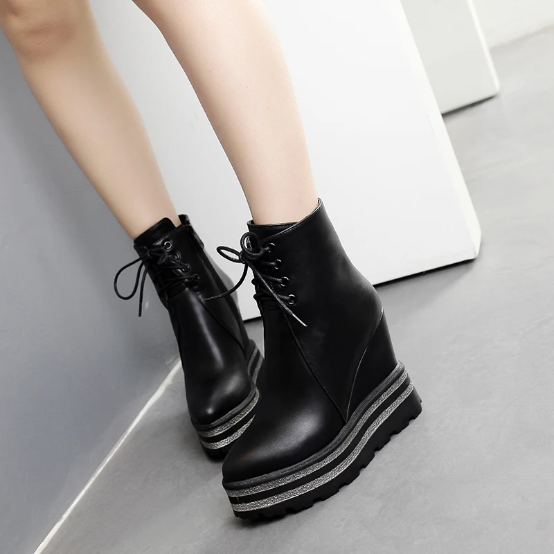 

WETKISS New Pu High Heels Women Boots Pointed Toe Wedges Lace Up Footwear Ladies Boot Platform Shoes Woman 2018 Black Winter