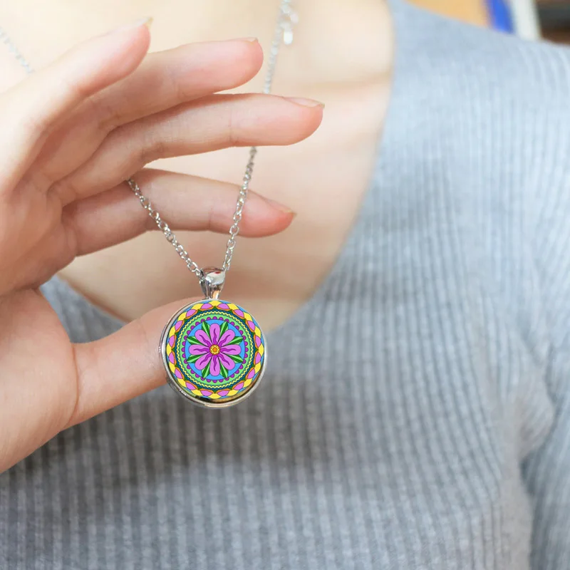 fashion mandala necklaces &amp pendant colorful henna yoga necklace dome glass cabochon jewelry om symbol buddhism zen | Украшения и