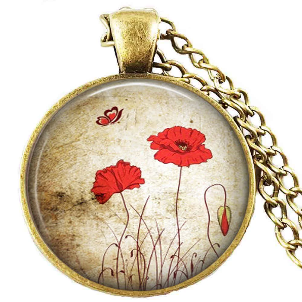 

Poppies flower red pendant , Red Poppies vintage finish necklace , poppies jewelry ,flower jewelry, spring necklace ,botanical