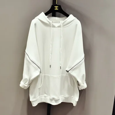 white Новинка; сезон весна-осень; Корейская однотонная свободная толстовка на молнии с длинными рукавами; толстовки; Толстый Пуловер с карманами спереди; модная одежда для девочек - Цвет: white