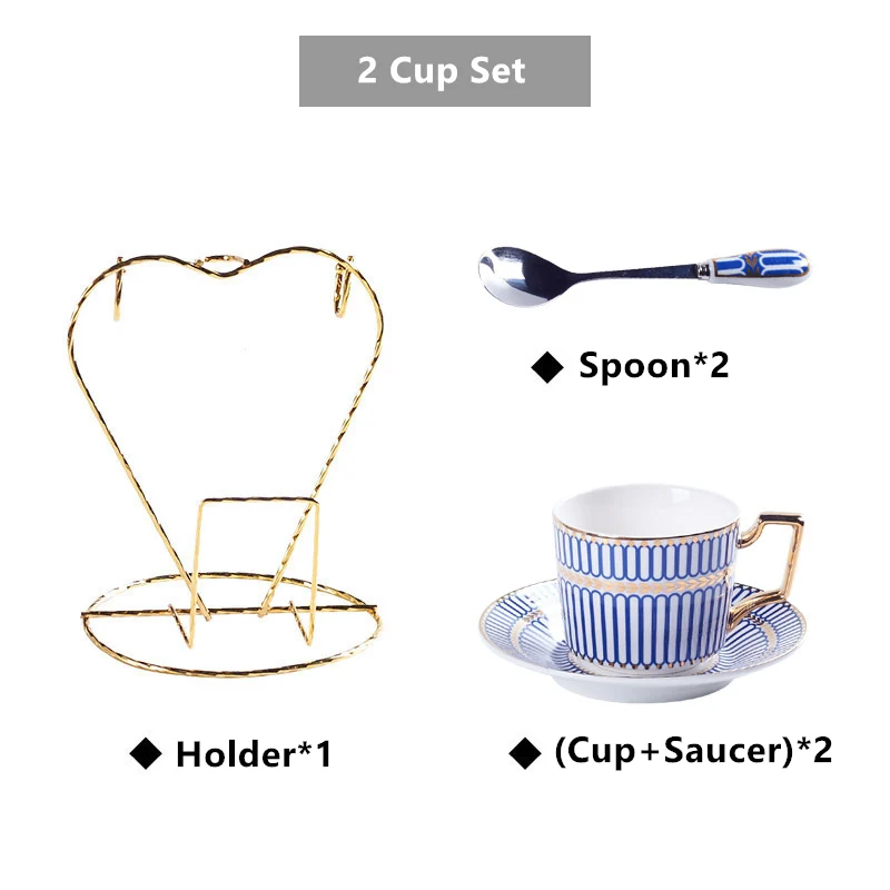 Blue 2Cups n Holder Роскошный костяной фарфор, кофейная чашка, блюдце, ложка, набор, 200 мл, скандинавские чайные чашки, фарфоровый чайный набор, усовершенствованная керамическая чайная чашка, кофейная чашка эспрессо - Цвет: Blue 2Cups n Holder