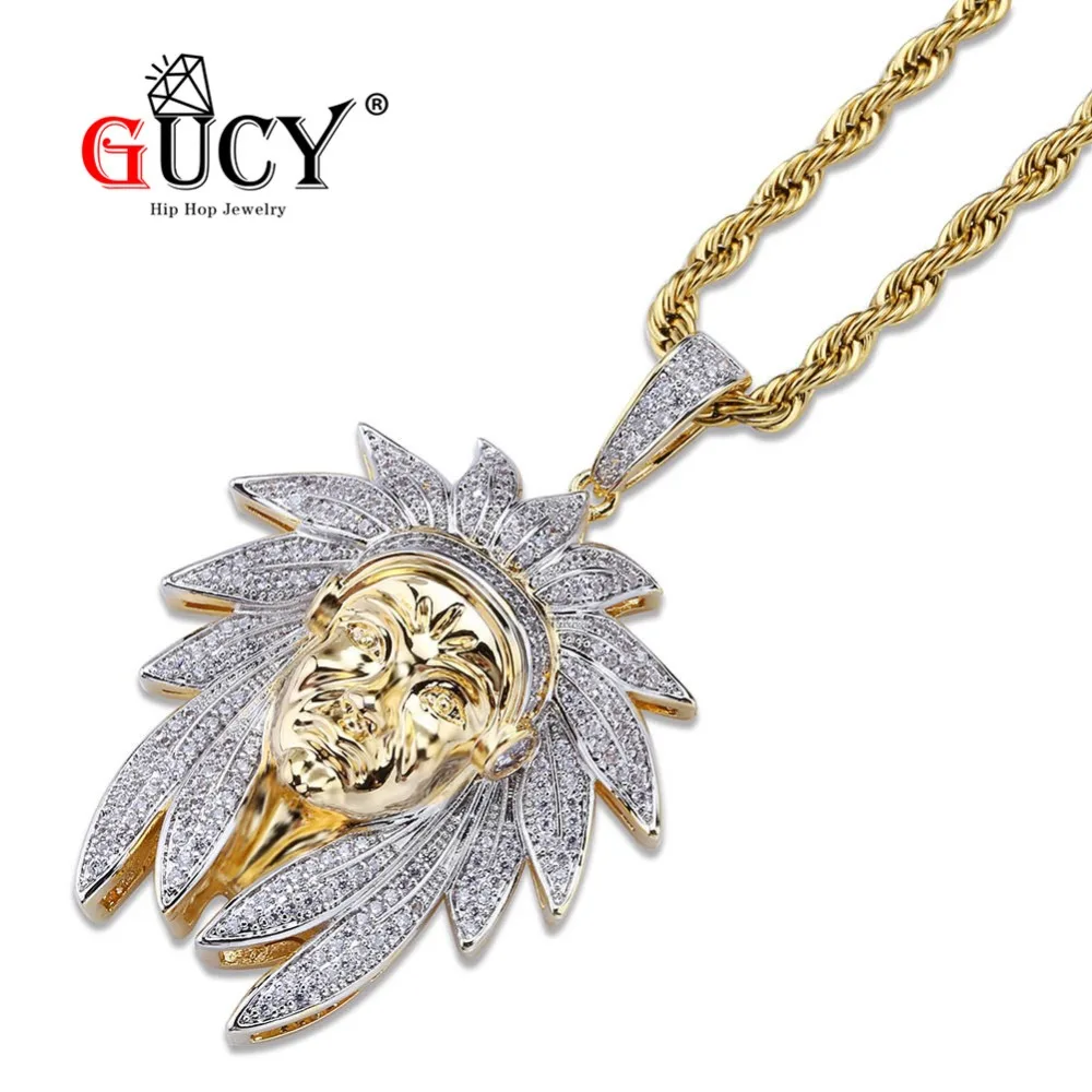 GUCY Bling Hip Hop Indian Chief Pendant Necklace Iced Out Cubic Zircon With 4MM Tennis Chain Gold Color CZ Gift For Men | Украшения и