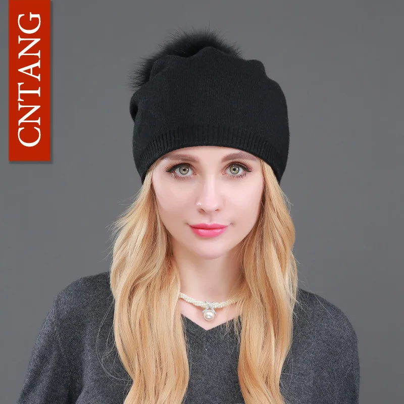 Black Black pom pom Осенне-зимние вязаные шерстяные шапки для женщин, модные шапки с помпоном, меховая шапка, женская теплая шапка с натуральным мехом енота - Цвет: Black Black pom pom