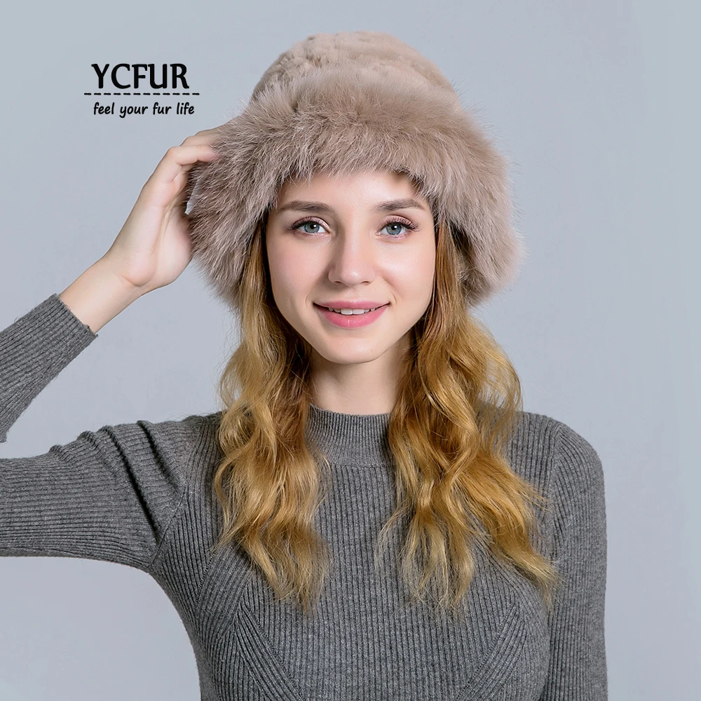 

YCFUR Real Rex Rabbit Fur Hat Cap for Women Winter Warm Thick Fur Casual Female Hats Caps Beanies with Fox Fur Brim