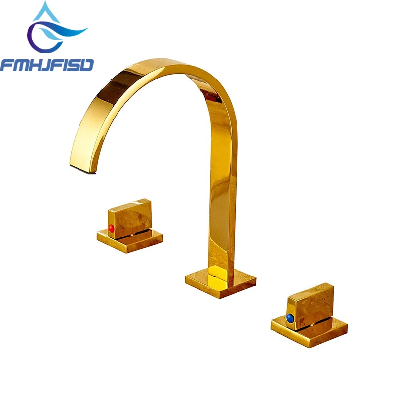 FMHJFISD широкий золотой латунный Смеситель для раковины в ванной комнате с двойными