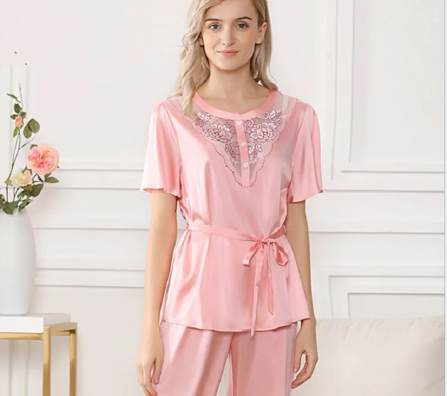 Pijamas Women Silk Sexy Sleepwear Pajama Set Pink Lace Silk Stain Night Suit Summer Pajamas Nightwear Sleepwear set Pyjama Femme