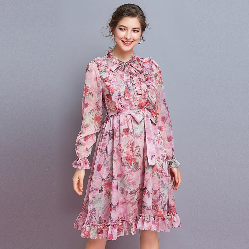 Fashion Women's Flora Print Stand-collars with Bow Dress Elegant Ladies Elastic Waist Long Sleeves C346 | Женская одежда