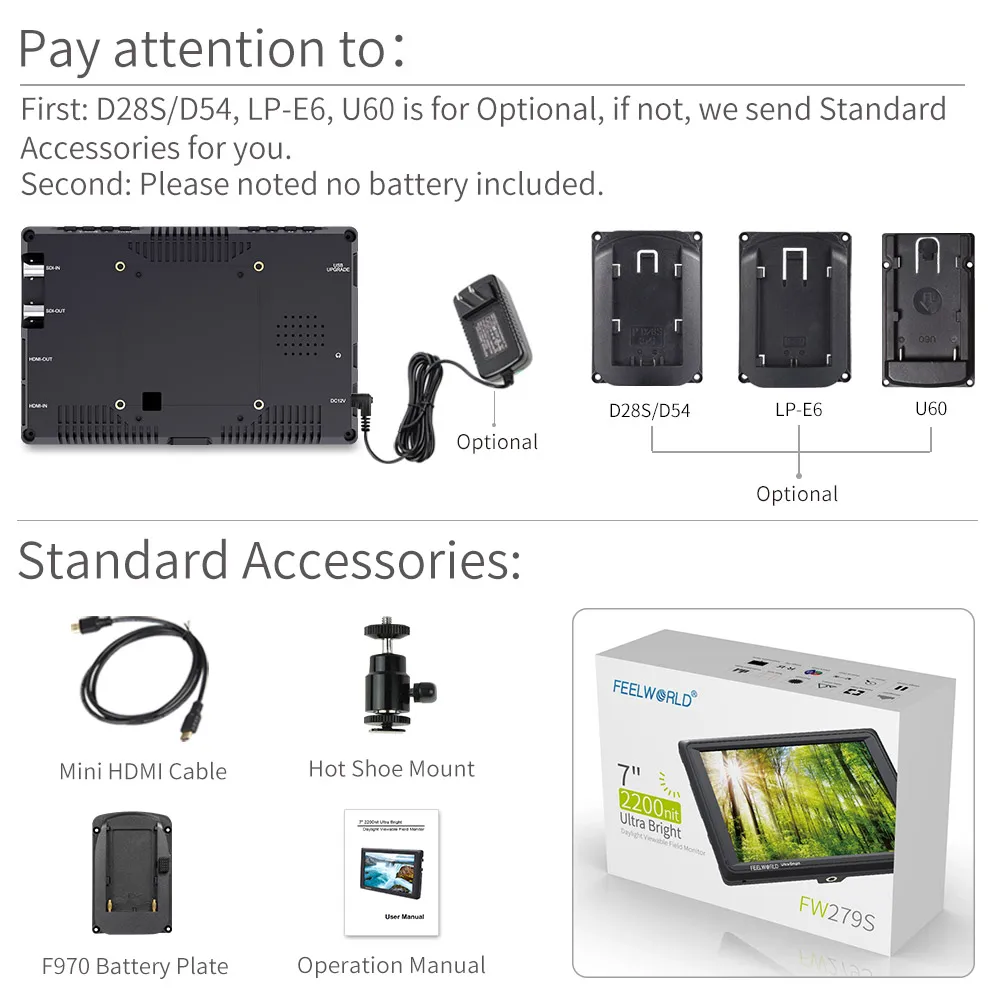 7 дюймовый монитор Feelworld 3G SDI 4K HDMI DSLR для камеры Ультраяркий полевой 2200cd/m2 Full HD 1920x1200