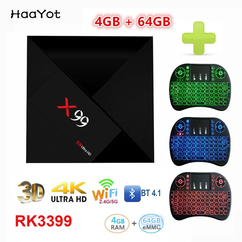 HAAYOT X99 RK3399 шестиядерный Android 7 1 ТВ бокс 4G 64G Rom 2 4 + 5G двойной Wifi 1000M LAN Bluetooth USB3.0 Type c 4K